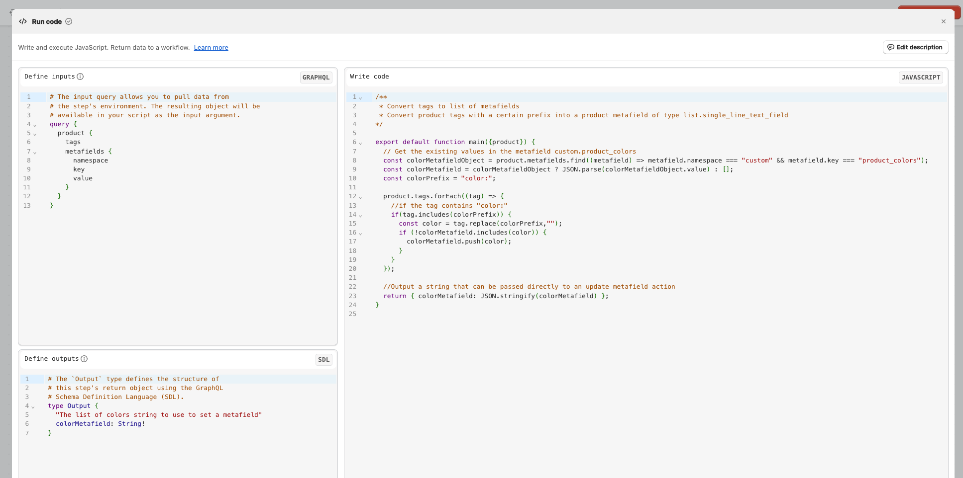 Code example that outputs a metafield string