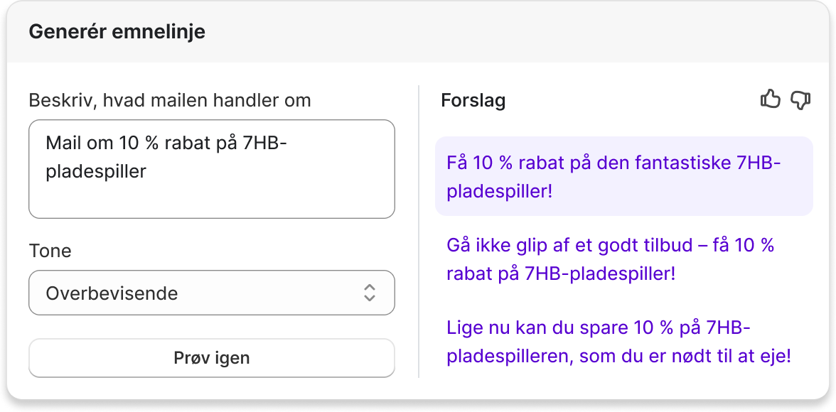 Pop op-vindue med Shopify Magic, der ved hjælp af kunstig intelligens genererer tekst til en mail om en pladespiller.