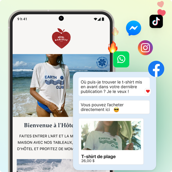 Un téléphone mobile montrant une boutique qui vend des t-shirts. Une fenêtre de chat est superposée dessus, et affiche une conversation entre un acheteur et un employé. Il y a plusieurs icônes de réseaux sociaux et des émojis qui flottent dans le coin supérieur droit.