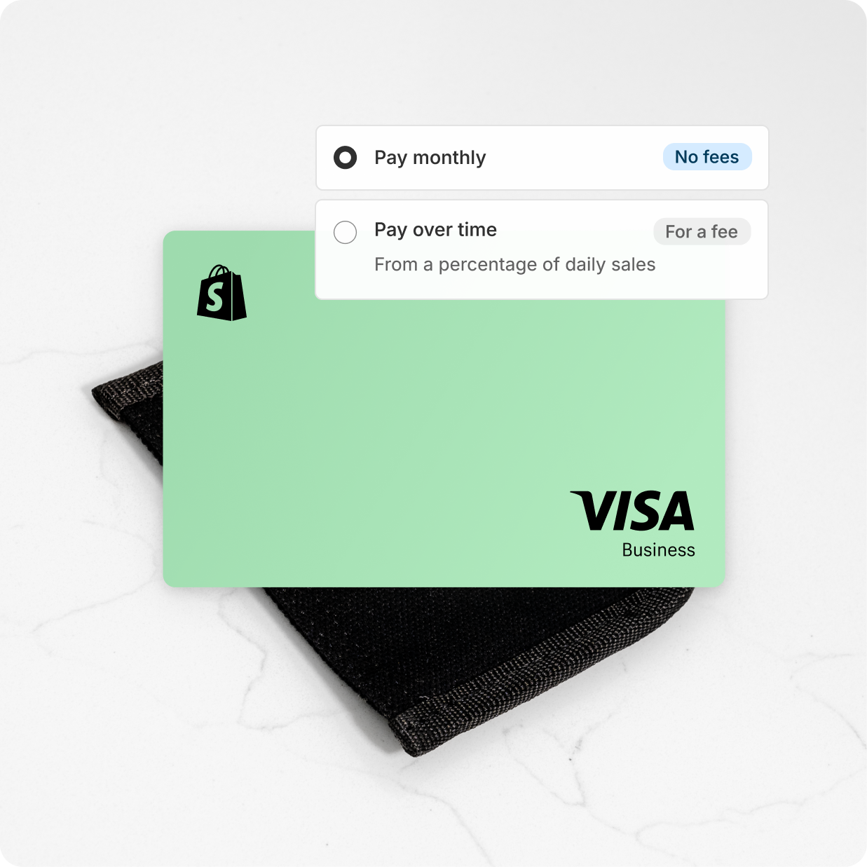 A Shopify Visa card sitting on top of a card pouch