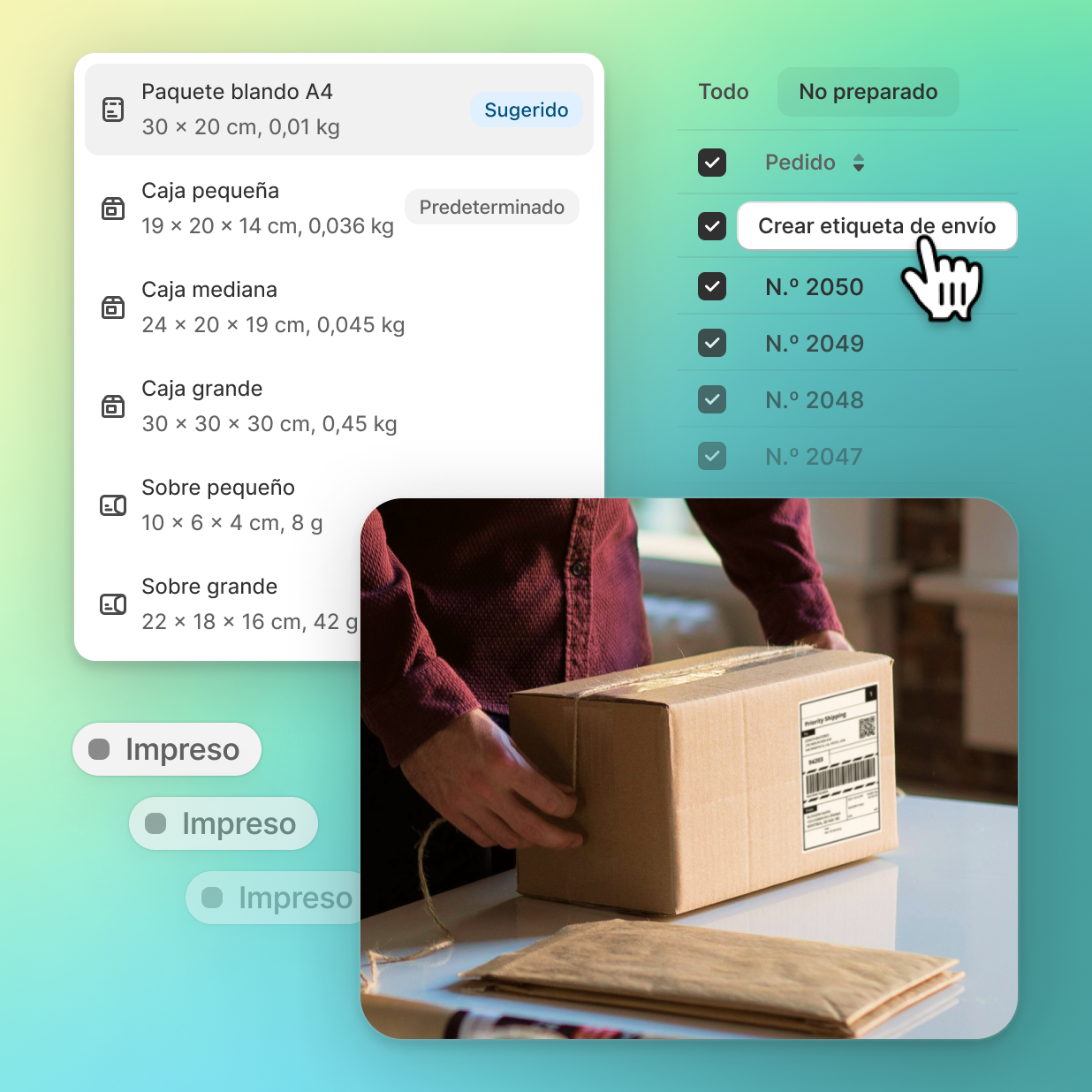 Un collage de la página de envíos de Shopify con una lista de tamaños de cajas, opciones de empresas de transporte y una flecha que apunta a “crear etiqueta de envío”