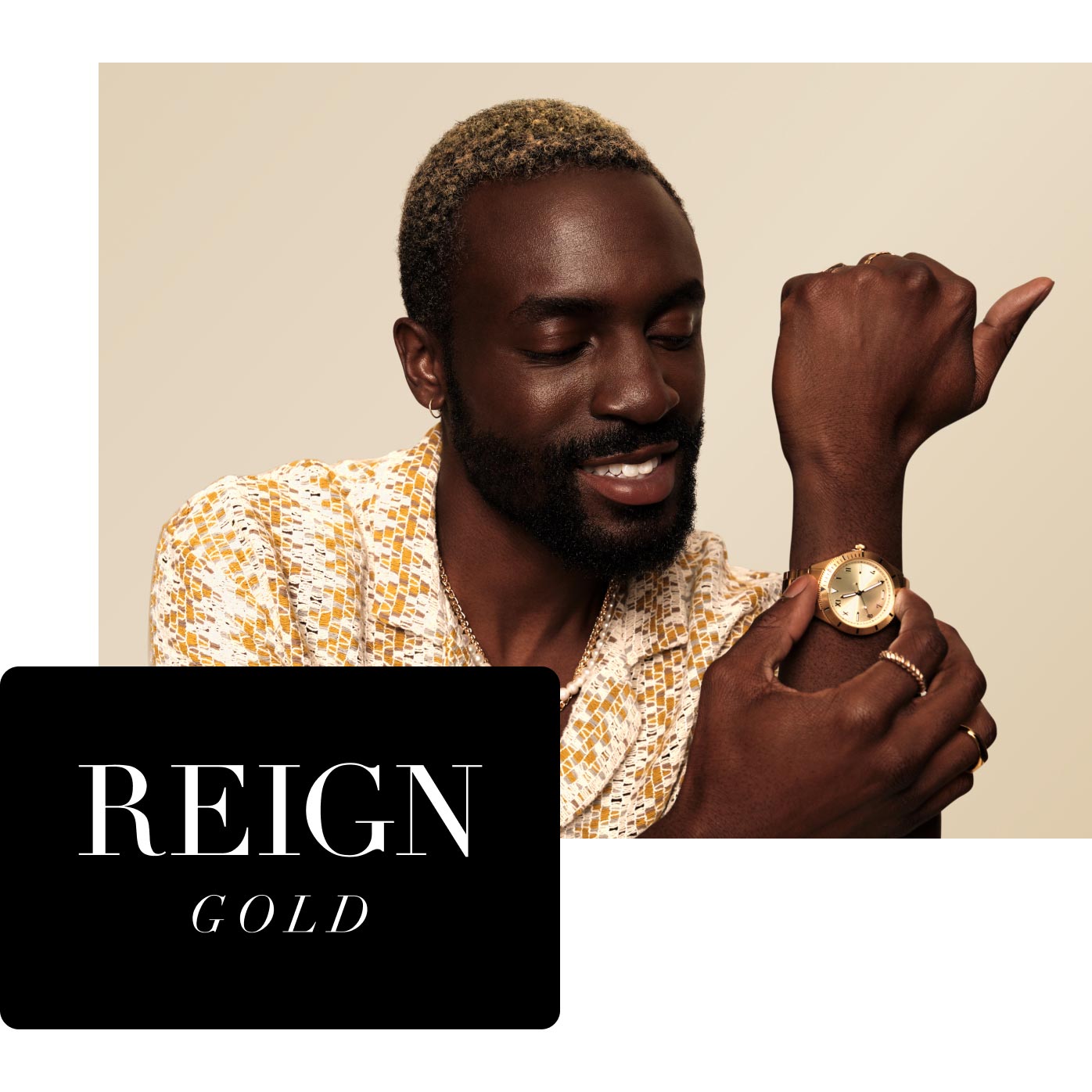 A merchant is shown in from the arms up, confidently adjusting the gold watch on their wrist while smiling. In the foreground, an elegant logo for the brand 'Reign Gold' is shown in a black box.