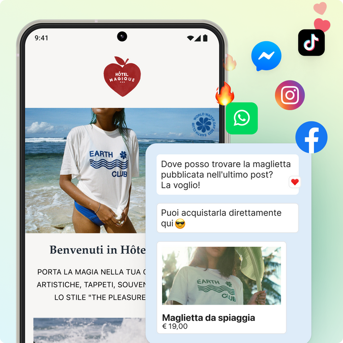 Telefono cellulare che mostra un negozio che vende magliette. In sovrimpressione è visualizzata una casella di chat con una conversazione tra un acquirente e un dipendente. Sono presenti numerose icone dell’azienda sui social media ed emoji che fluttuano nell'angolo superiore destro.