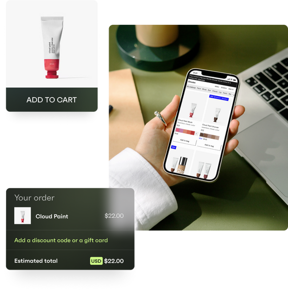 Collage of images showing various consumer products and screens from Shopify’s interface