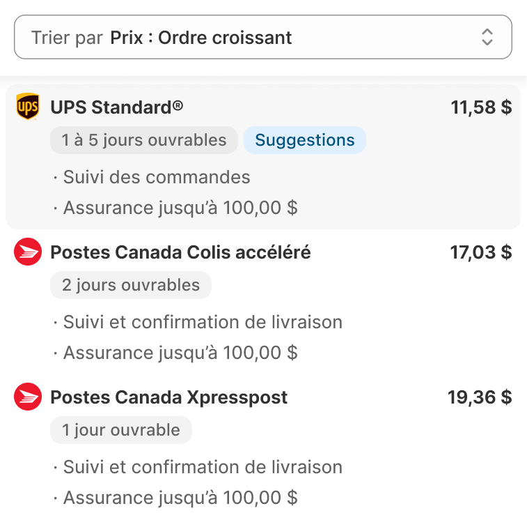 Exemple de tri des services d’expédition en fonction du prix, du moins cher au plus cher, chaque transporteur indiquant le prix et le délai de livraison estimé en jours