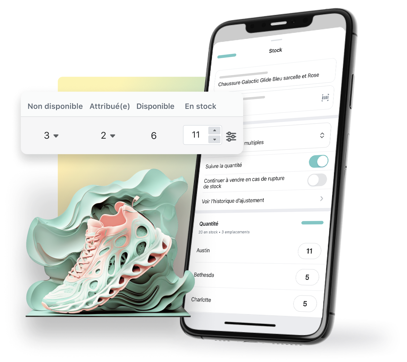 L’image présente l’écran d’un téléphone portable affichant un système de gestion des stocks, ainsi qu’une paire de baskets situées au bas de l’écran. Au-dessus, une barre affiche les quantités en stock, avec les onglets « Indisponible », « Commandé », « Disponible » et « En stock », précisant que le stock comporte 11 paires de baskets disponibles.