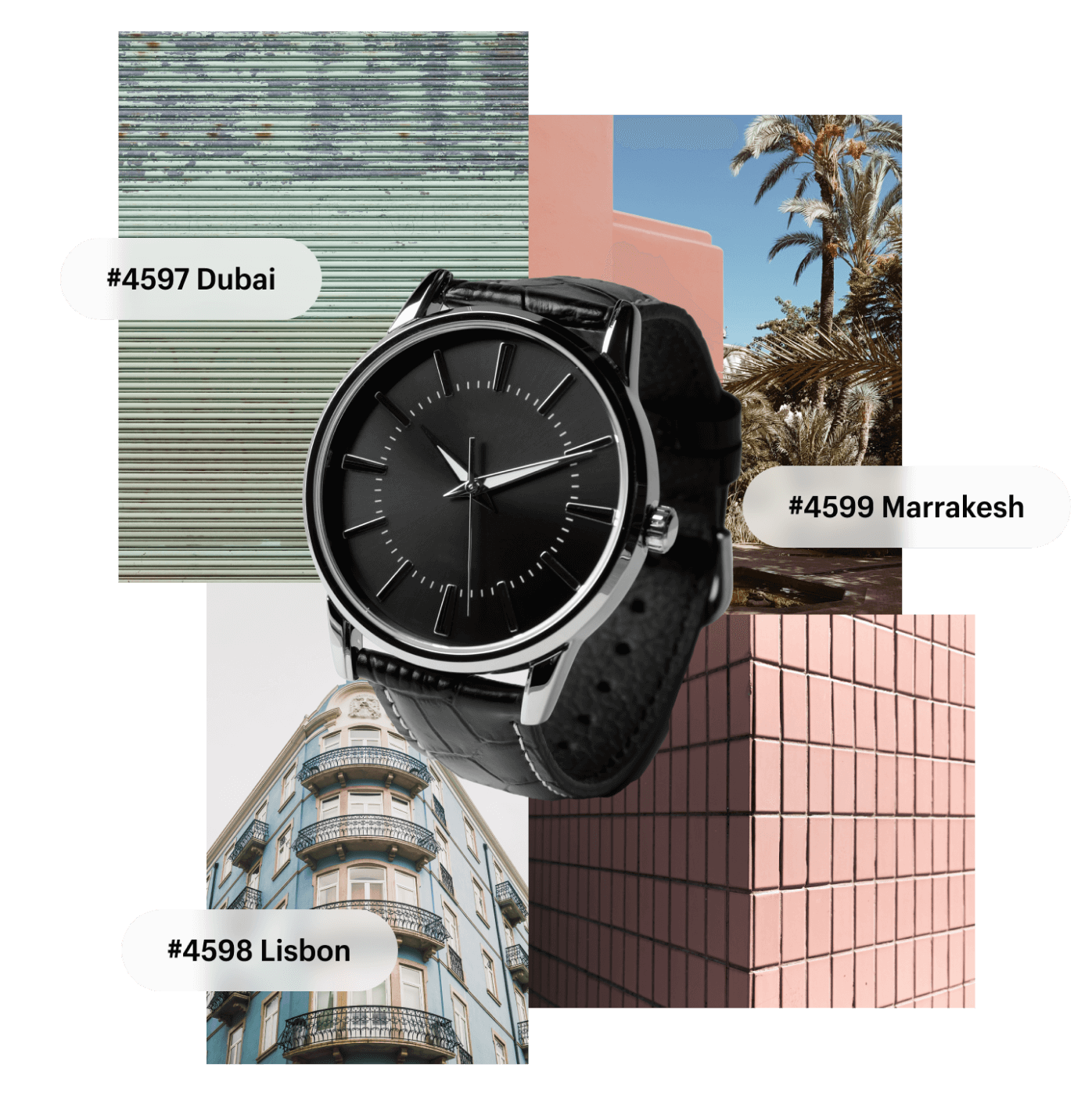 A photo collage of four images with a floating silver watch in the foreground. The first image is of a weathered corrugated metal wall, the second of salmon-colored buildings next to palm trees, the third is a closeup of a building corner covered in blush-colored brick, and the fourth is the corner of an apartment building painted sky blue, with bay windows and ornate wrought iron balconies. Three superimposed boxes show order numbers from different locations: #4597 Dubai, #4599 Marrakesh, and #4598 Lisbon.