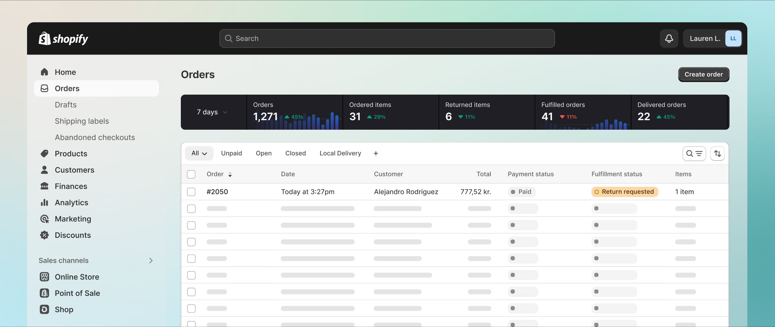 This image displays a computer screen with an order list, filtered by orders with a return request. The screen shows a top bar with analytics that display the quantity of total orders, fulfilled orders, and time to fulfill. Once of the orders is larger in the screen, highlighting the idea that there's a pending return to tend to.