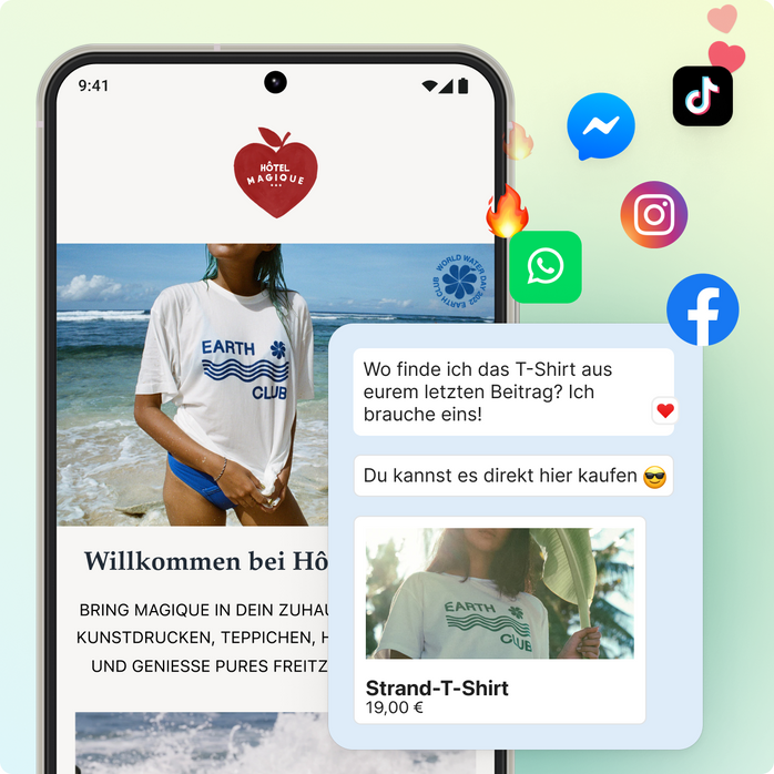 Ein Handy, auf dem ein Shop für T-Shirts zu sehen ist. Darüber wird ein Chat-Fenster mit einem Gespräch zwischen Käufer:in und Mitarbeiterteam angezeigt. In der oberen rechten Ecke sind Social Media-Symbole und Emojis zu sehen.