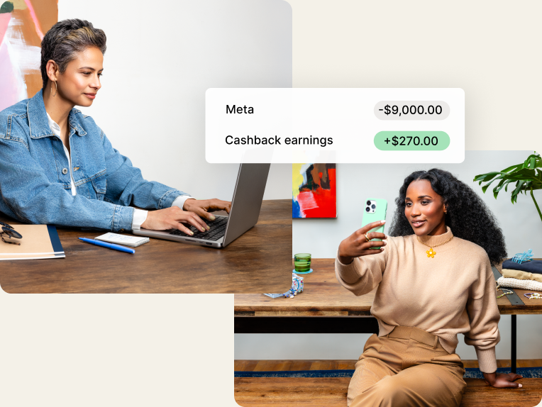 A multiracial woman works on her laptop, reviewing her marketing spend and cashback rewards; A young Black woman takes a selfie to promote her business