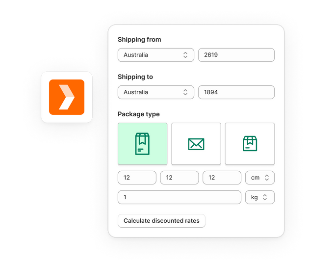 Shopify Shipping calculator illustration with a “Calculate discounted rates” button. A sealed package with Shopify logo in the foreground.