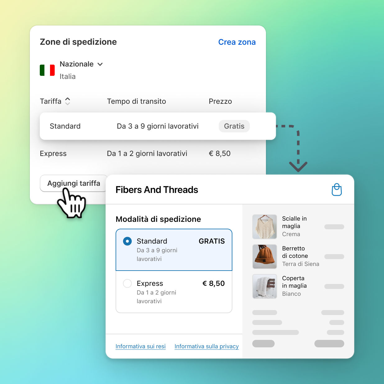 Collage della pagina delle spedizioni di Shopify con zone di spedizione per aggiungere la tariffa e un esempio di opzioni di spedizione al check-out