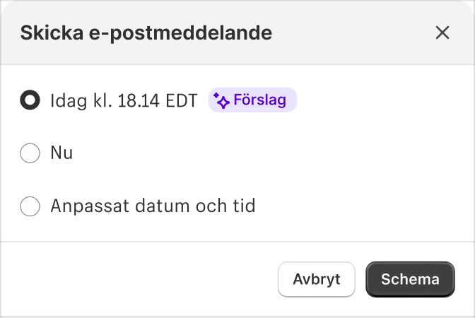 Popup-fönstret Shopify Magic föreslår bästa tiden för att skicka ett e-postmeddelande med alternativ för att skicka nu eller på en angiven tid