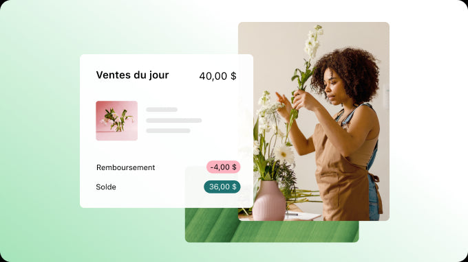 L’image représente une femme se tenant debout dans une serre, entourée de compositions florales présentées dans des vases. Elle porte un tablier et semble prendre soin des plantes. La scène comporte également un élément numérique : sur un écran est affiché le total des ventes quotidiennes de fleurs, pour un montant de 40 $. Cette information laisse supposer que cette personne est impliquée dans la vente de fleurs ou la fourniture de services liés aux fleurs, tels que la composition de bouquets ou l’entretien de plantes.
