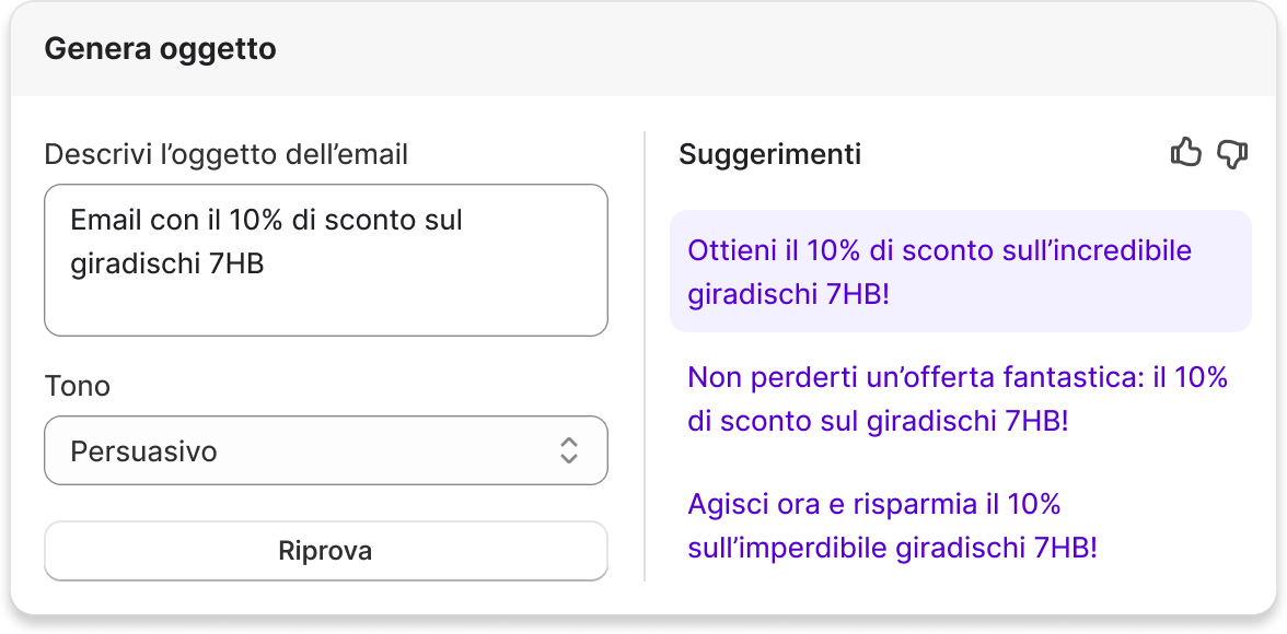 Pop-up di Shopify Magic per la generazione del corpo del testo di un’email relativa a un giradischi.