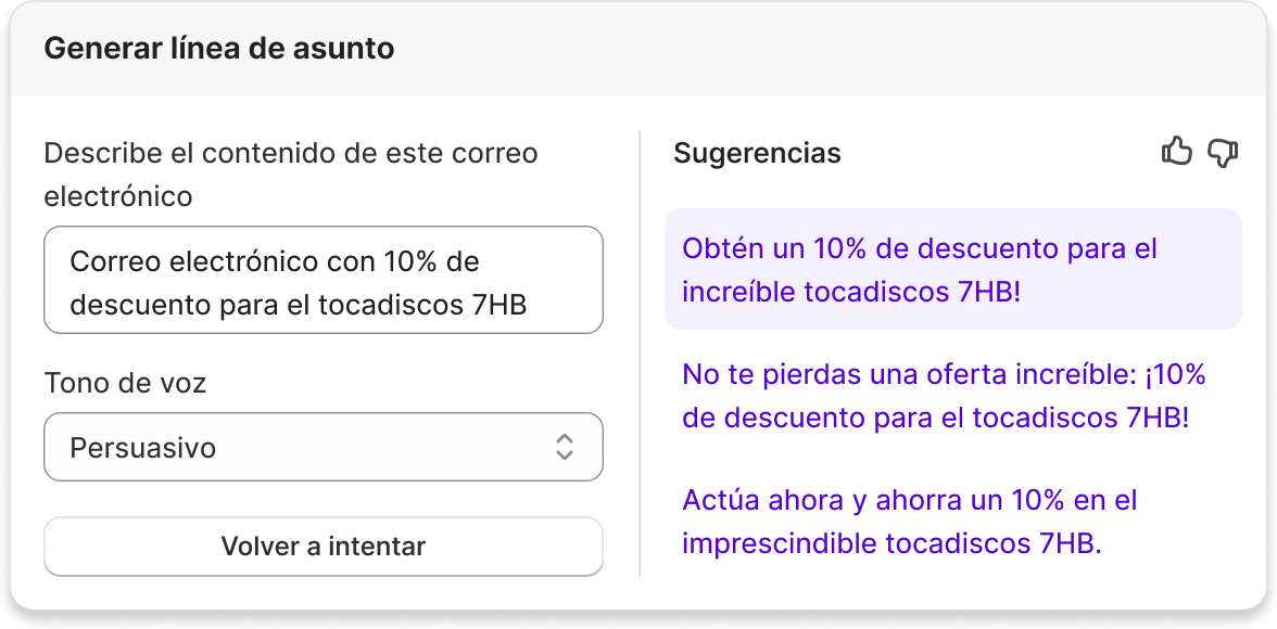 Ventana emergente de Shopify Magic para generar un texto de correo electrónico con IA para un tocadiscos.