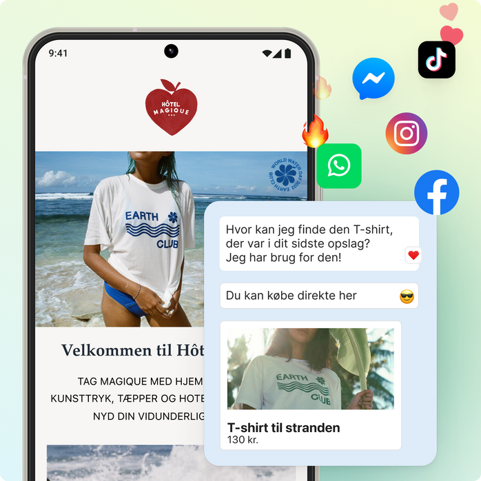 En mobiltelefon, der viser en butik, som sælger T-shirts. Et chatvindue er overlejret og viser en samtale mellem en kunde og en medarbejder. Der er flere ikoner for sociale medier og emojis svævende i øverste højre hjørne.