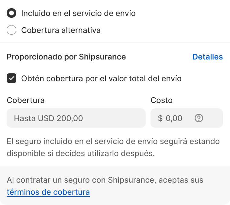 Ejemplo de pago de Shopify Shipping con cobertura Shipsurance explicada con hasta USD 200 incluidos 