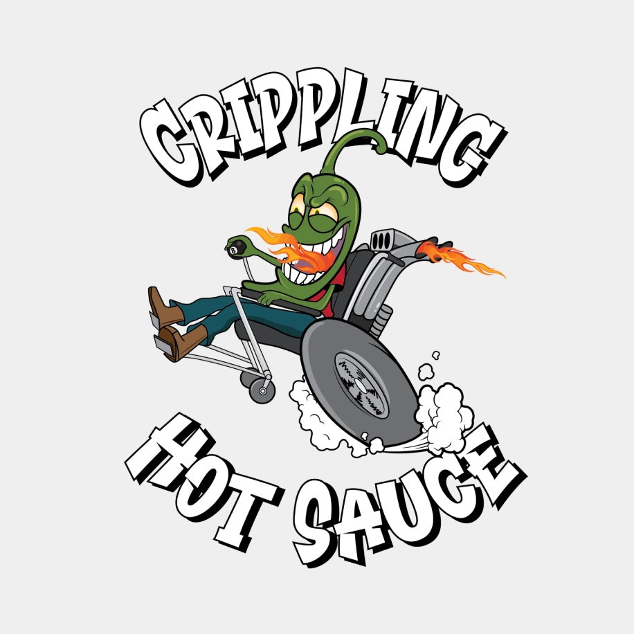 Crippling Hot Sauce logo featuring a hot pepper riding a speeding grey wheelchair with a fire exhaust.