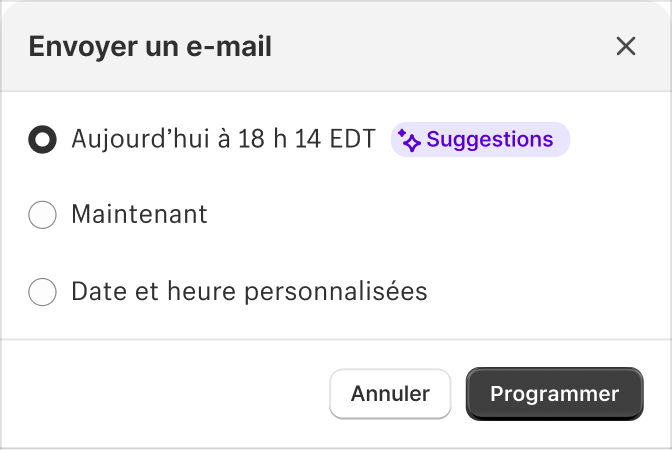 Fenêtre contextuelle Shopify Magic suggérant l’heure la plus appropriée pour envoyer l’e-mail avec d’autres options pour l’envoyer maintenant ou saisir une heure personnalisée