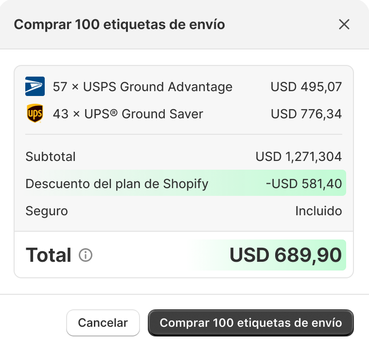 Ejemplo de pantalla de pago que muestra el descuento del Plan de Shopify y el seguro incluido al comprar 100 etiquetas de envío