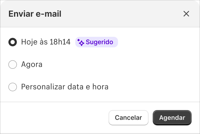 Pop-up van Shopify Magic met een voorstel voor het beste moment om een e-mail te versturen, plus opties om nu te versturen of een aangepast tijdstip in te voeren.