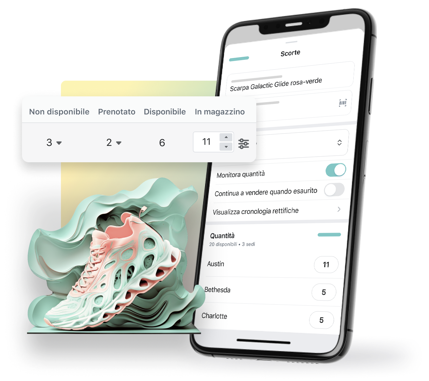 L’immagine presenta lo schermo di un telefono cellulare che visualizza un sistema di gestione delle scorte, con accanto un paio di sneaker. Le scarpe si trovano nella parte inferiore e sopra di esse è visibile una barra di visualizzazione delle quantità di scorte, tra cui le quantità “non disponibili”, “prenotate”, “disponibili” e “in magazzino”, che indica che la quantità di scarpe in questione disponibili in magazzino è pari a 11.