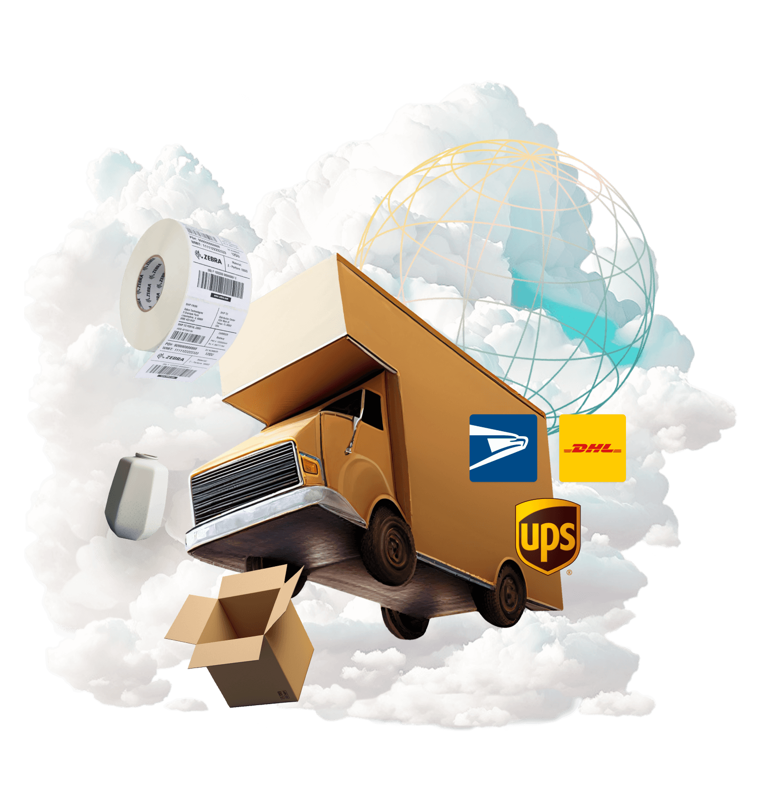 La imagen muestra un camión grande en un cielo lleno de nubes, que simboliza la industria de envíos. El camión está etiquetado con varios símbolos y etiquetas, como “ups”, “usps” y “dhl”, que representan diferentes servicios de envío con soporte en tu región. Además del camión, hay varias nubes en el cielo con diferentes objetos a su alrededor, incluidos un rollo de etiquetas de envío, una caja abierta y un jarrón, que representan un producto.