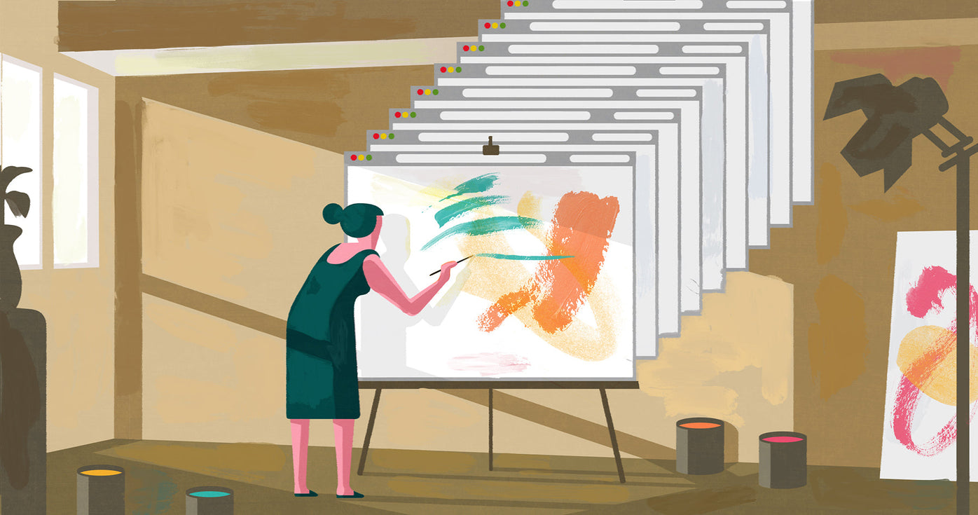 Illustration of a woman painting canvases in her studio but the canvases are new tabs opening from her computer