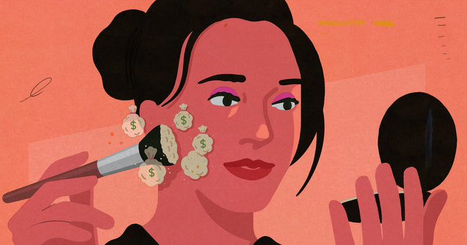 Woman applying face powder with a brush. The resulting powder clouds look like money bags: how to sell makeup online