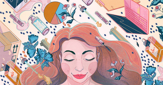 Illustration of a woman surrounded by beauty and business imagery