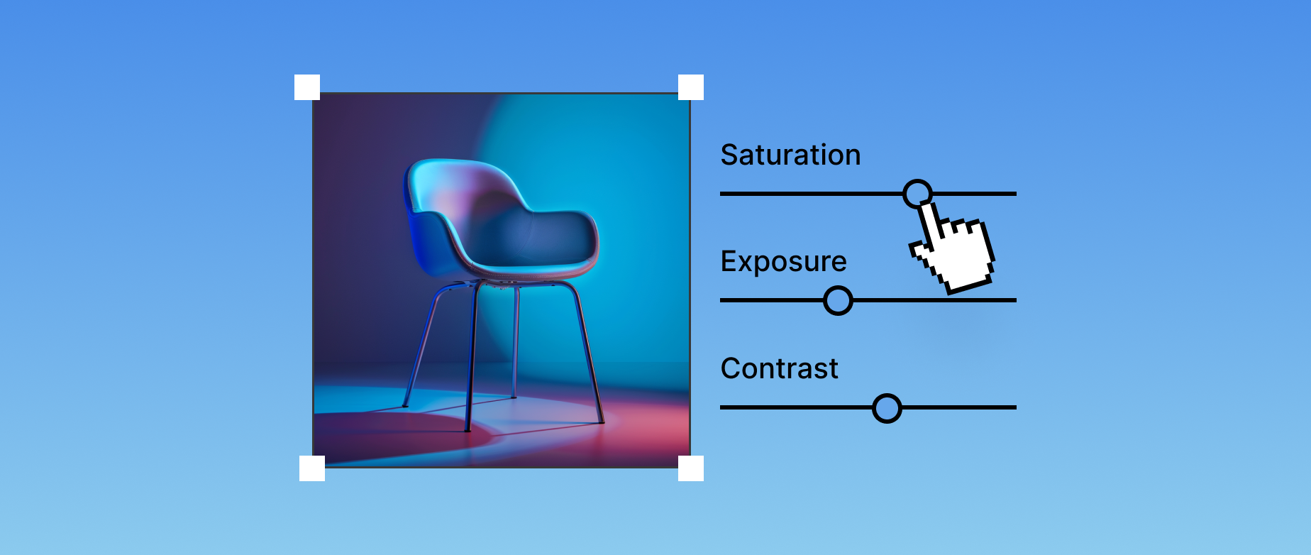 An image of a photograph of a chair next to three sliding bars reading saturation, exposure, and contrast.