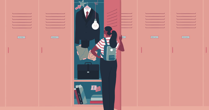 Illustration of a teen girl looking in a locker that's filled with business attire