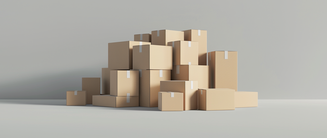 A stack of cardboard boxes represents products offered by dropshipping suppliers.