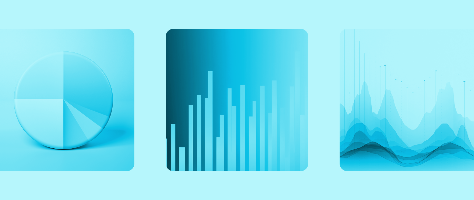 A pie chart, bar graph and a line graph on a light blue background: instagram analytics.