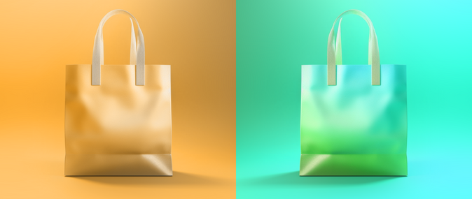 Two shopping bags on a colorblocked background representing Etsy and Shopify