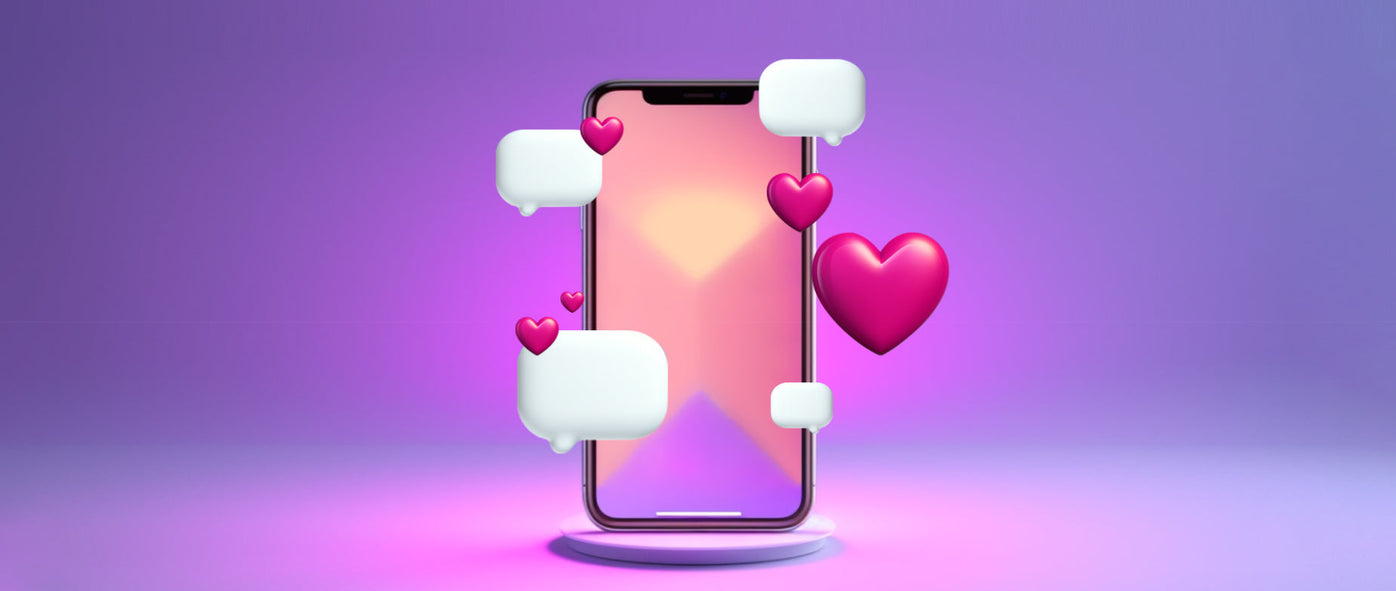 Illustration of a mobile phone with 3D bubbles and hearts floating around it: how to go viral on tiktok