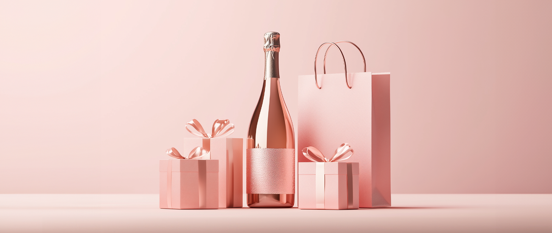 a champagne bottle and wrapped gifts on a pink background