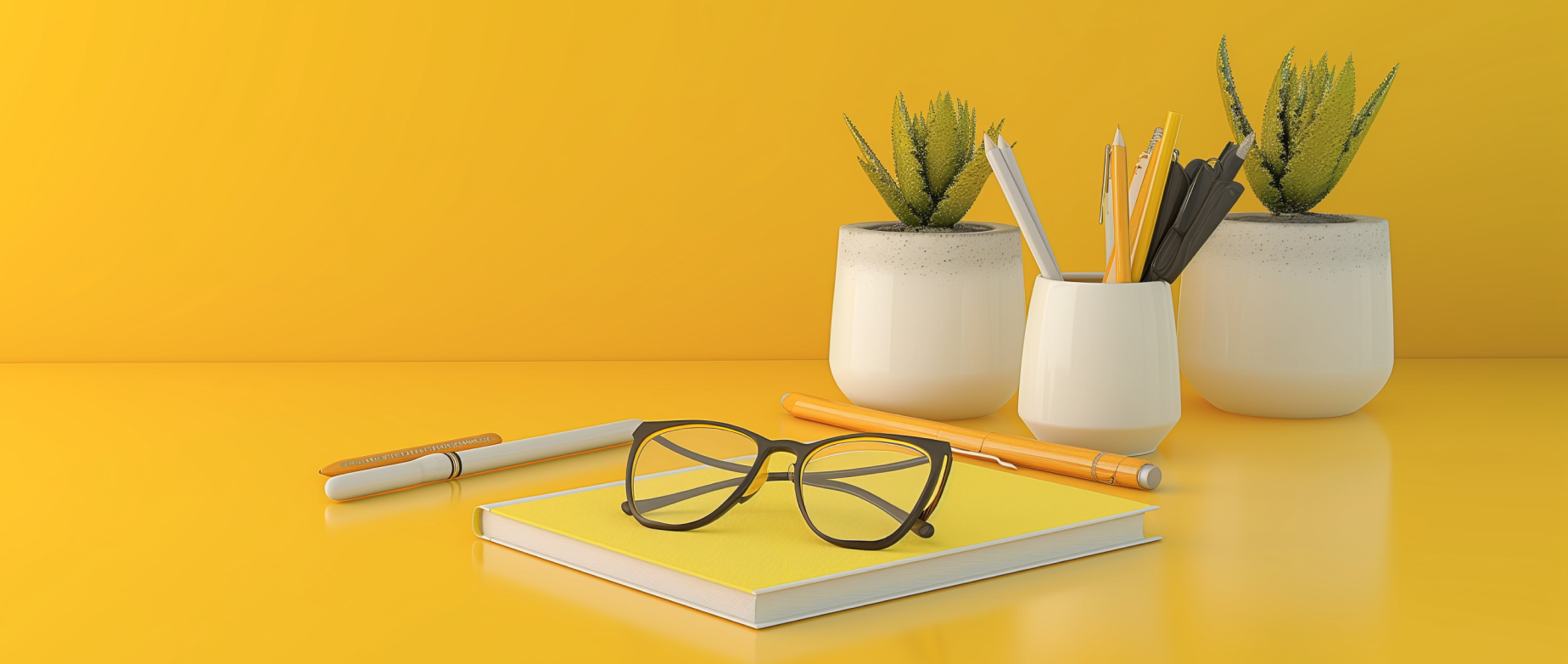 image of glasses and notebook on yellow background representing writing a business proposal