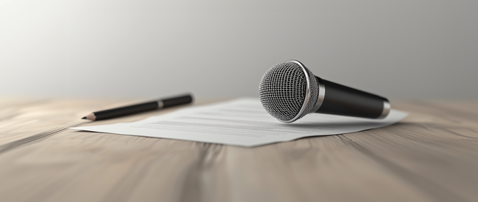 a microphone on top of a press release with pencil