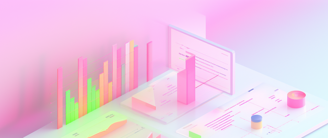 Three dimensional graphics of analytics in a neon pink display.