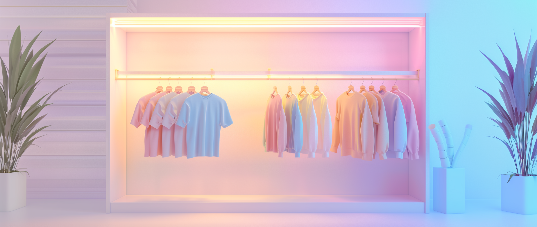 A clothing rack full of clothes and lit up against a blue shop front with plant decor.