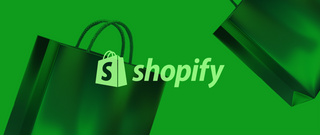 The Shopify logo is placed over an image of shopping bags