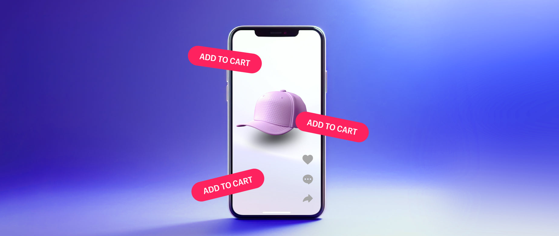 A mobile phone with a screen representing a product page is surrounded by "add to cart" buttons