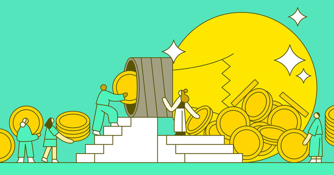 Illustration of two people climbing stairs and slotting coins into a lightbulb to represent crowdfunding a business idea