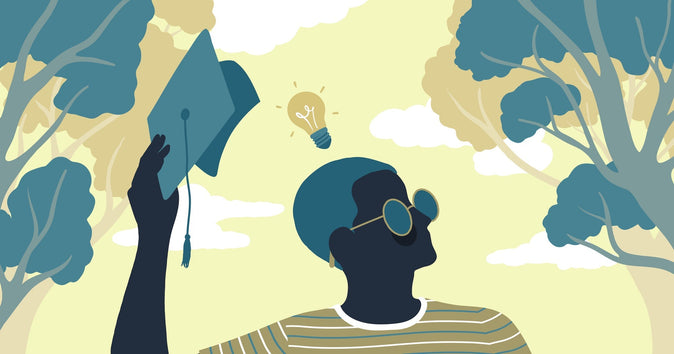 Illustration of a college student lifting a graduation cap to reveal an idea light bulb