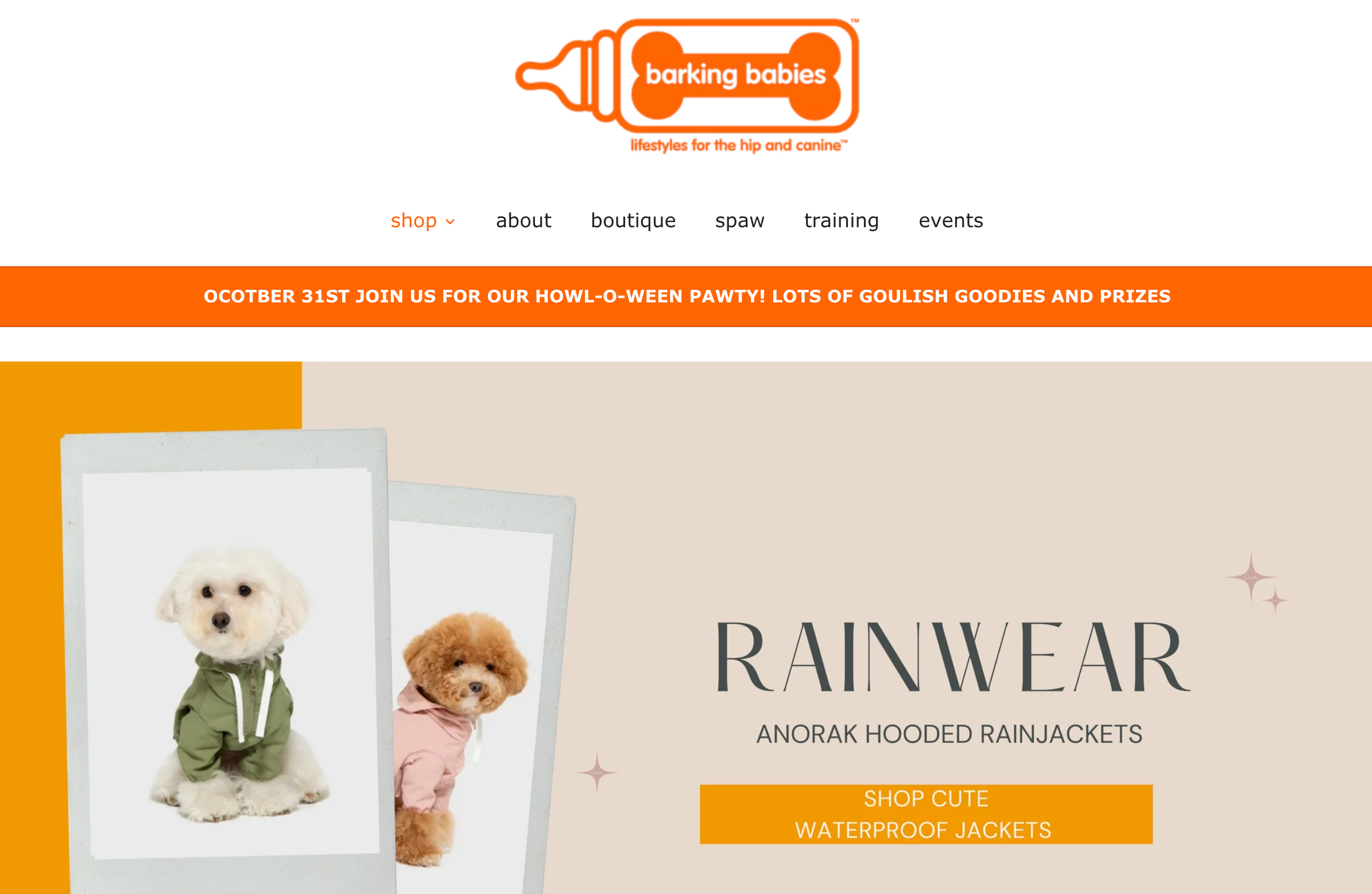 Barking Babies ecommerce website homepage with small dogs in rain jackets