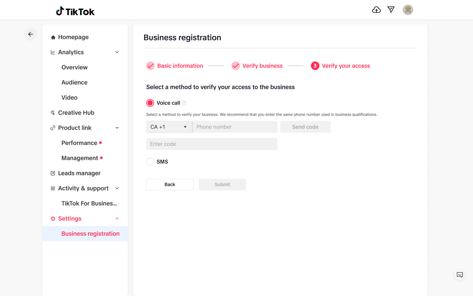 TikTok business registration page with options to verify access to the business.