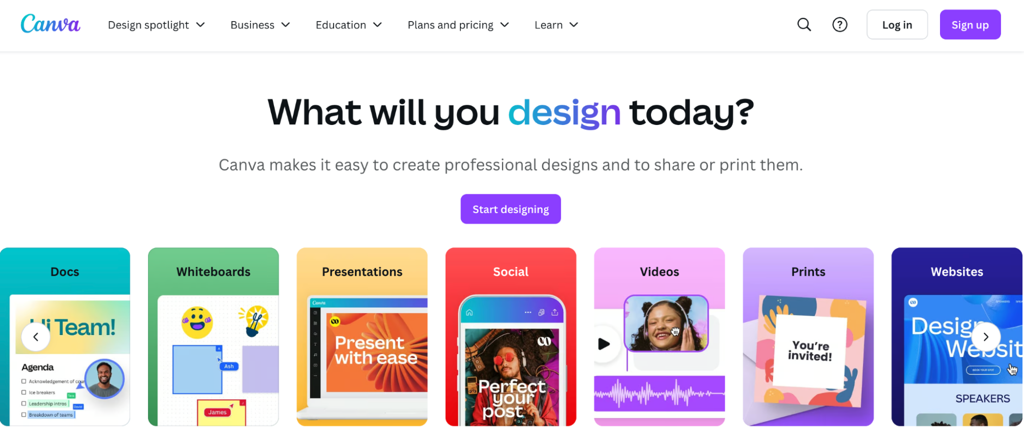 Canva’s homepage with a screenshot of the template library and editor.