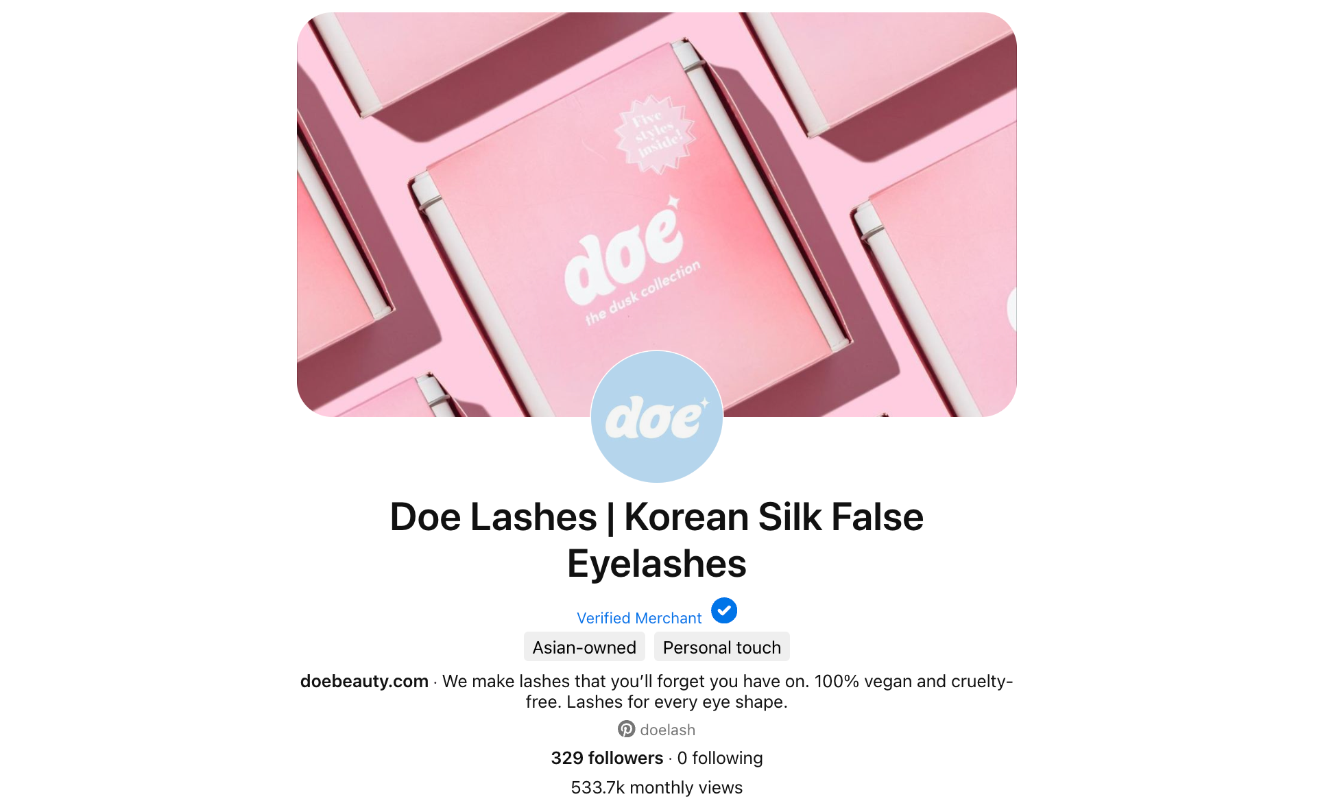 Pinterest bio and page for Doe Lashes with 329 followers